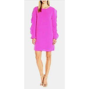 CeCe Shift Dress 10 Pink Long Ruffle Sleeve Faux Silk Career Church Washable